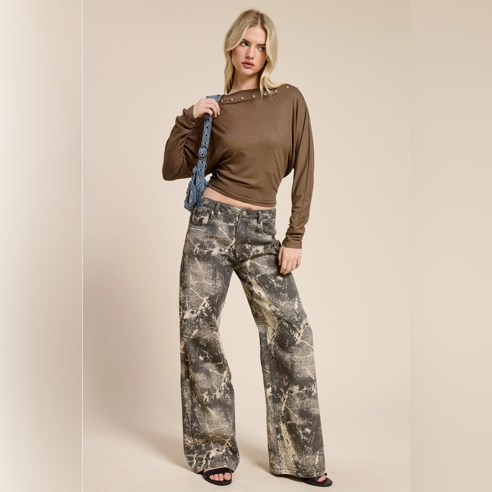 Grunge Splatter Print Wide Leg Denim Pants